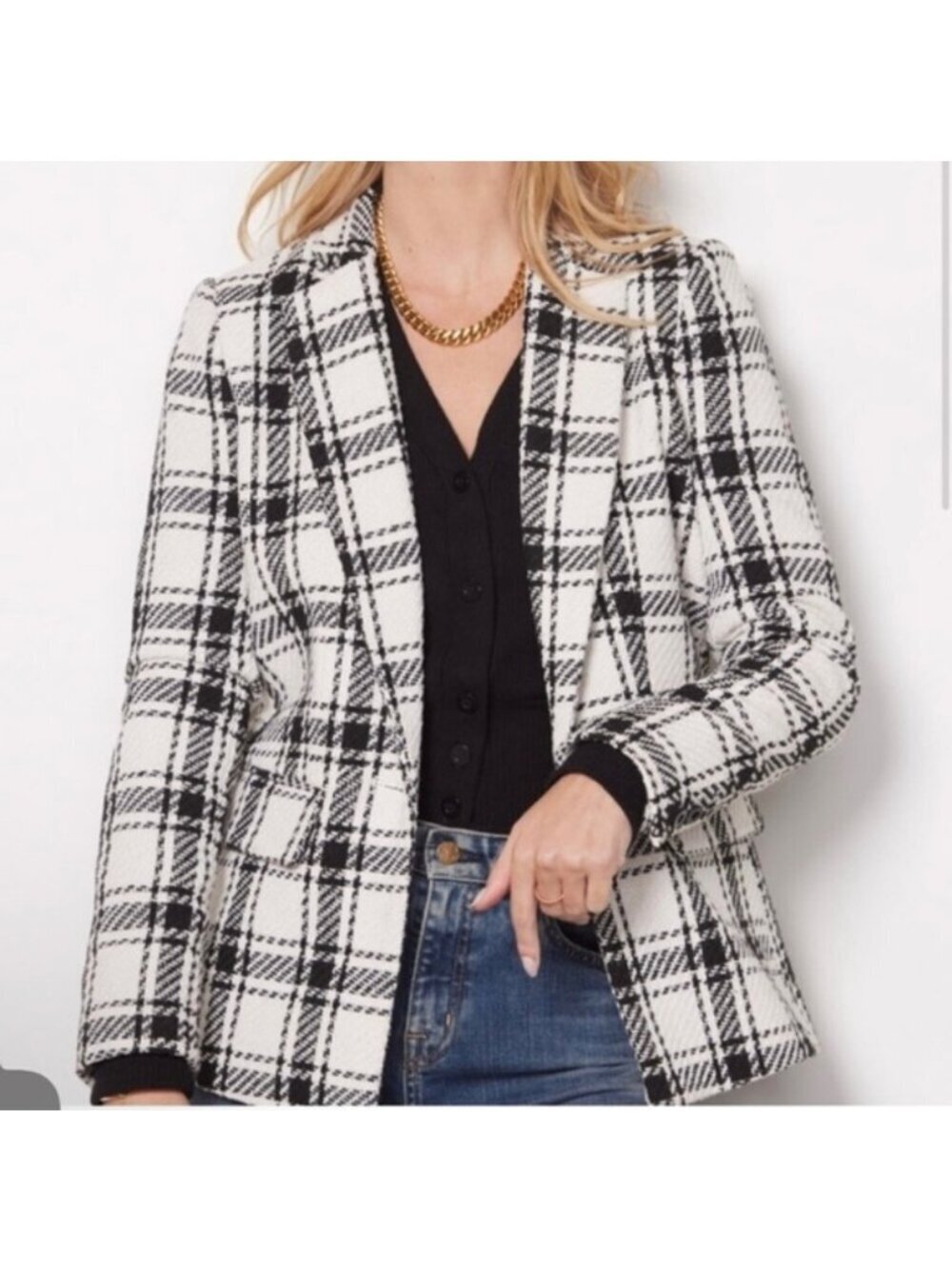 Evereve Kennedy Small Plaid Blazer Jacket Women Neutral Black Ivory Office